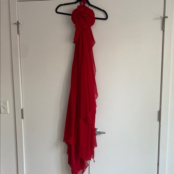 Red Flower Rose Rosette Halter High Low Chiffon Dress - Picture 4 of 6